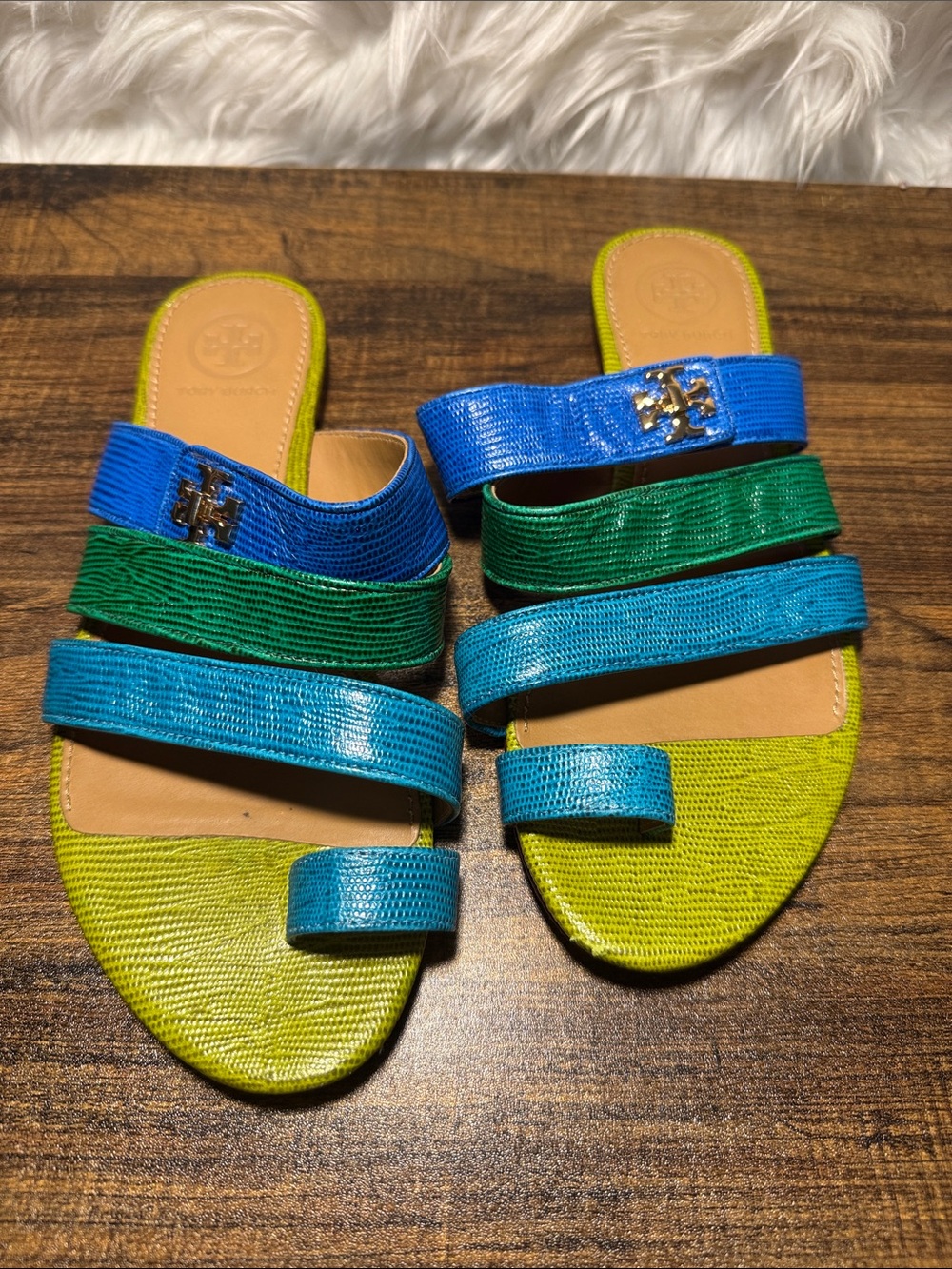 Tory Burch Blue, Teal and Lime Leather Multi-Strap Slide Sandals